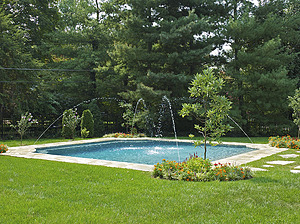 st louis pool construction, custom concrete pool, grecian, geometric, grass patio